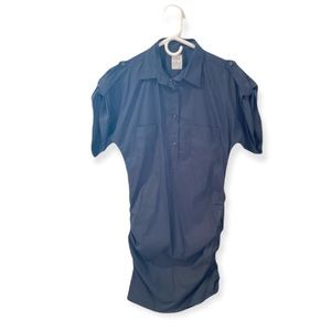 Sara Roka Navy Blue Ruched Dress Short Sleeve with Pockets Size XS